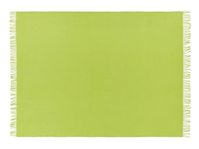 Limegrønt rektangulært tæppe med frynser på de korte kanter, lagt fladt på en hvid baggrund.