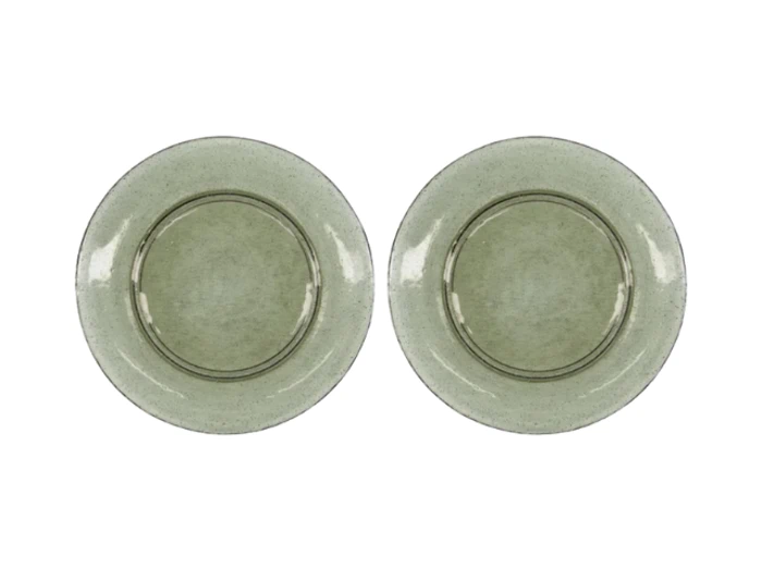 To runde, lysegrønne keramiktallerkener med blank overflade, placeret side om side på en hvid baggrund.