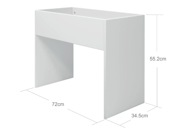 Hvidt rektangulært vaskeskab med åben front og sider, der måler 72 cm i bredden, 34,5 cm i dybden og 55,2 cm i højden.