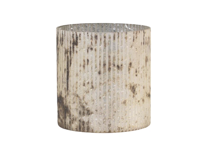 En cylindrisk, struktureret beholder med en riflet overflade og en meleret, slidt hvid og grå finish.