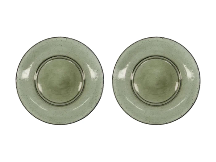 To runde, grønne keramiktallerkener med en let spættet overflade, placeret side om side på en hvid baggrund.