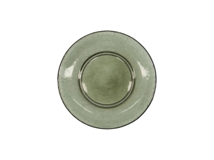 En rund, grøn keramiktallerken med en lidt mørkere midte og et diskret prikket mønster, set ovenfra på en hvid baggrund.