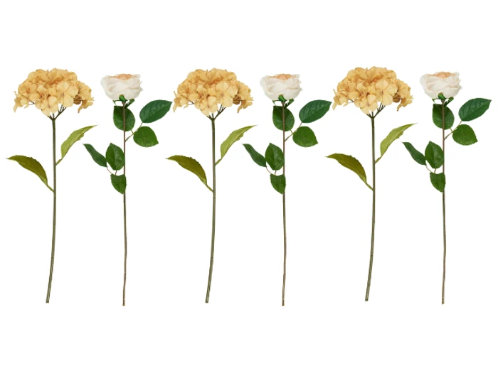 Fem blomster på række, skiftevis gule hortensiaer og hvide roser, hver med grønne blade og lange stilke, på en hvid baggrund.