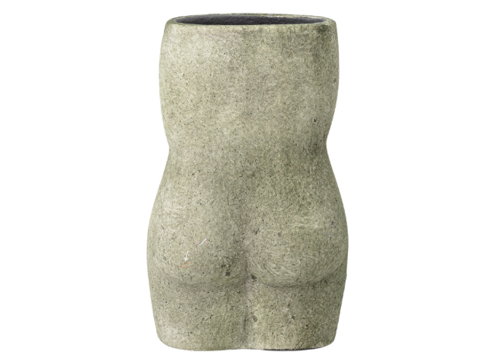 En grå stenvase formet som den nederste halvdel af en mennesketorso med kurver, der ligner hofter og balder.