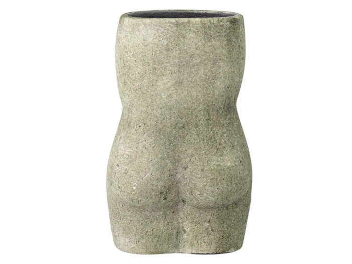 En grå stenvase formet som den nederste halvdel af en mennesketorso med kurver, der ligner hofter og balder.