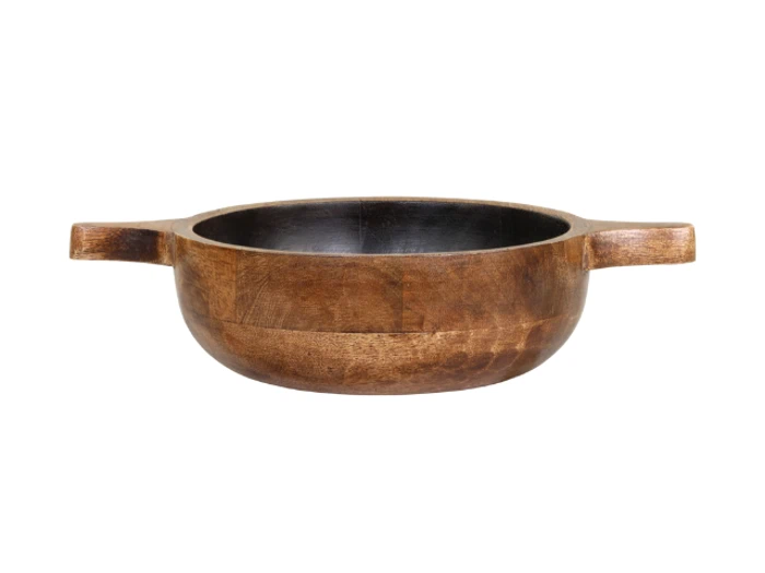 En rund træskål med to korte håndtag på hver sin side, isoleret på en hvid baggrund.