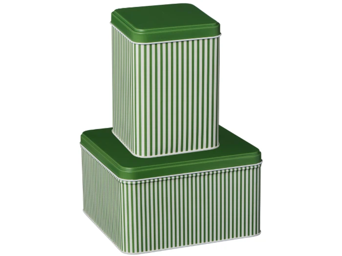 To grønne og hvide, lodret stribede metaldåser med ensfarvede grønne låg, en mindre og stablet oven på en større.