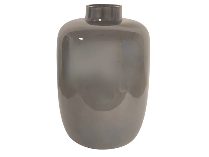 En blank, mørkegrå keramikvase med en afrundet krop og en kort, smal hals på en hvid baggrund.