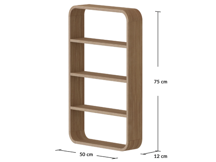En bogreol i træ med afrundede hjørner, tre hylder og målangivelser: 75 cm høj, 50 cm bred og 12 cm dyb.