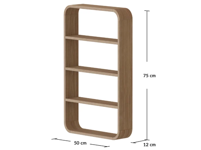 En bogreol i træ med afrundede hjørner, tre hylder og målangivelser: 75 cm høj, 50 cm bred og 12 cm dyb.