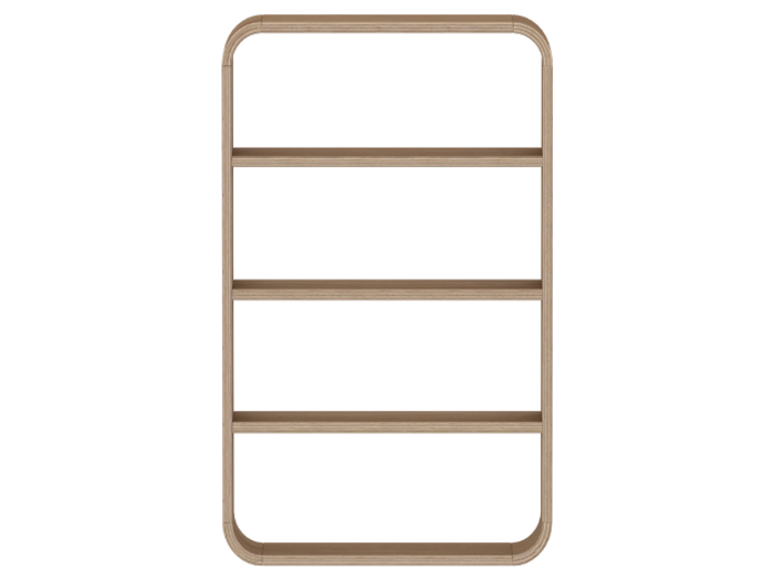 En rektangulær væghylde af træ med afrundede hjørner og fire vandrette hylder med jævn afstand, vist på en hvid baggrund.