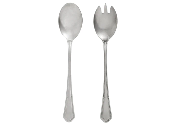 To serveringsredskaber i sølv: en ske og en gaffel med en bred, afrundet form og to store tænder, begge med matchende dekorative håndtag.