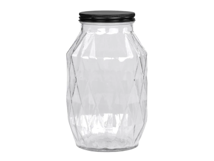En klar, tom glaskrukke med et sort skruelåg og et diamantmønstret design på siderne, vist på en almindelig hvid baggrund.