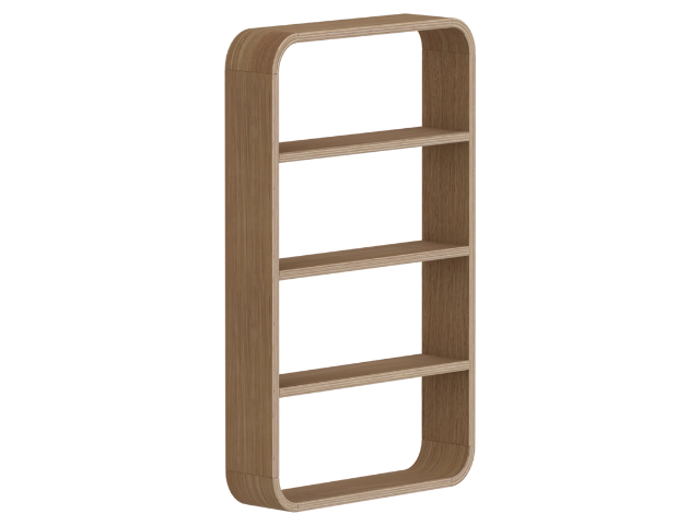 En væghængt bogreol i træ med fire hylder og afrundede hjørner, vist på en hvid baggrund.