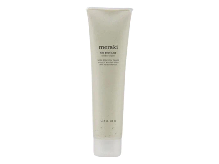 Meraki Rice Body Scrub tube med tekst.