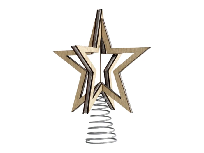 Et stjerneformet ornament af træ med et 3D-lagdelt design sidder oven på en sølvfarvet metalfjeder, isoleret på en hvid baggrund.
