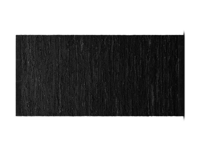 En rektangulær sort tekstureret måtte med subtile lodrette linjer, placeret på en hvid baggrund.