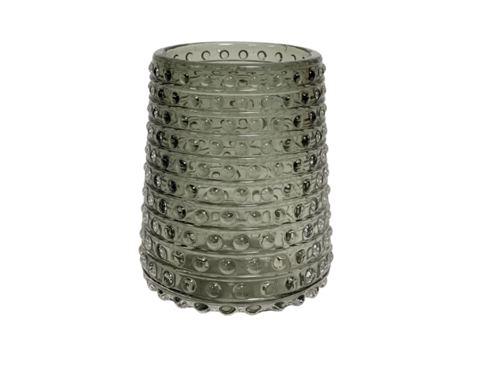 En grøn glasvase med cylindrisk form og et struktureret, hævet prikmønster i vandrette bånd.