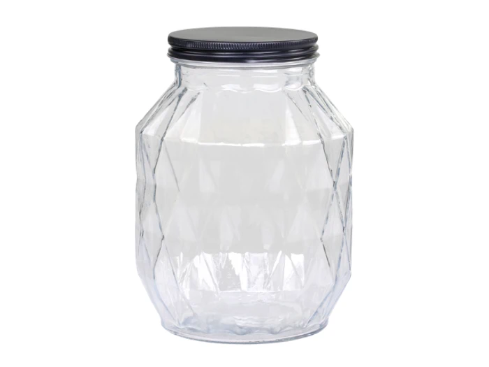 En klar, tom glaskrukke med sort skruelåg og en facetteret, diamantmønstret overflade.