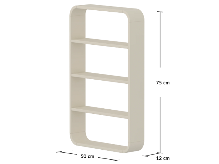 Rektangulær beige væghylde med fire hylder, afrundede kanter og mærkede mål: 75 cm høj, 50 cm bred og 12 cm dyb.