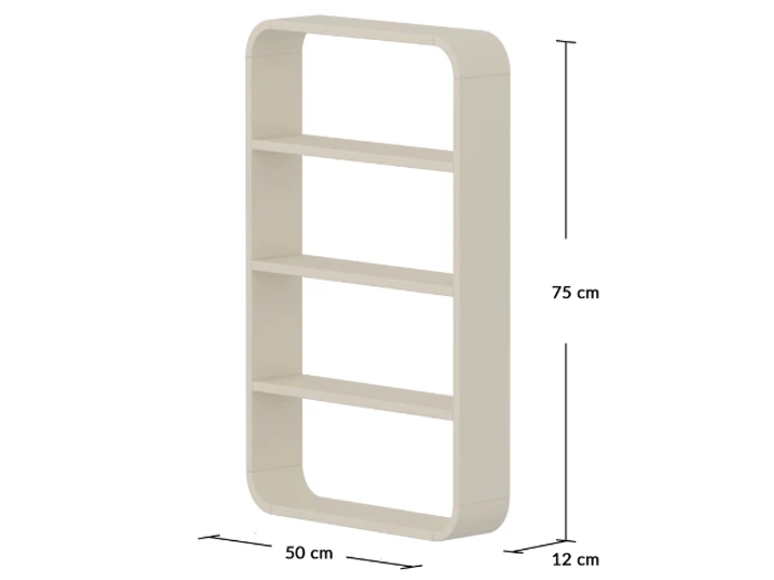 Rektangulær beige væghylde med fire hylder, afrundede kanter og mærkede mål: 75 cm høj, 50 cm bred og 12 cm dyb.