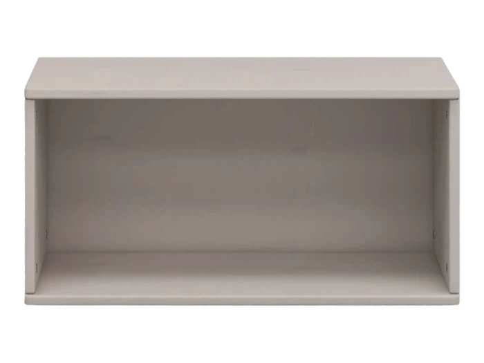 En almindelig, lysegrå rektangulær åben hyldekasse uden genstande indeni, set forfra mod en hvid baggrund.