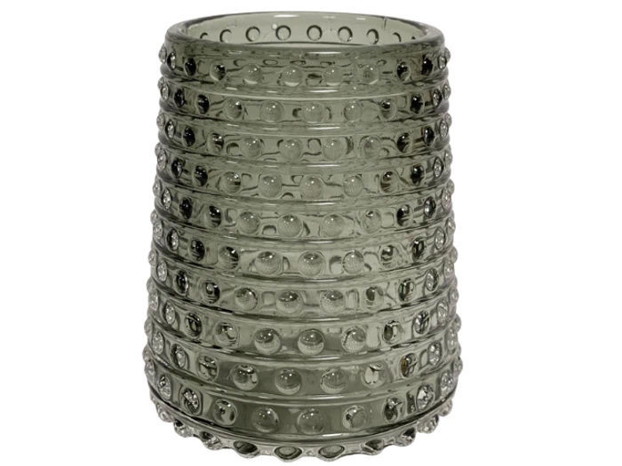 En klar, struktureret glasvase med en afrundet form og vandrette rækker af hævede, cirkulære buler.