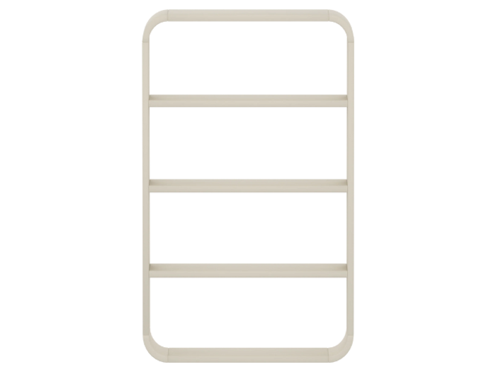 En beige, rektangulær væghængt hylde med fire vandrette hylder og afrundede hjørner, set forfra mod en hvid baggrund.