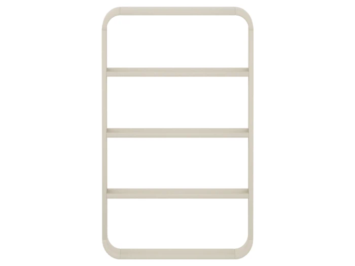 En beige, rektangulær væghængt hylde med fire vandrette hylder og afrundede hjørner, set forfra mod en hvid baggrund.