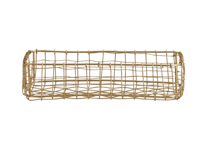 En rektangulær, lav trådkurv med et åbent gitterdesign og en lys brun eller guld farve, vist på en hvid baggrund.