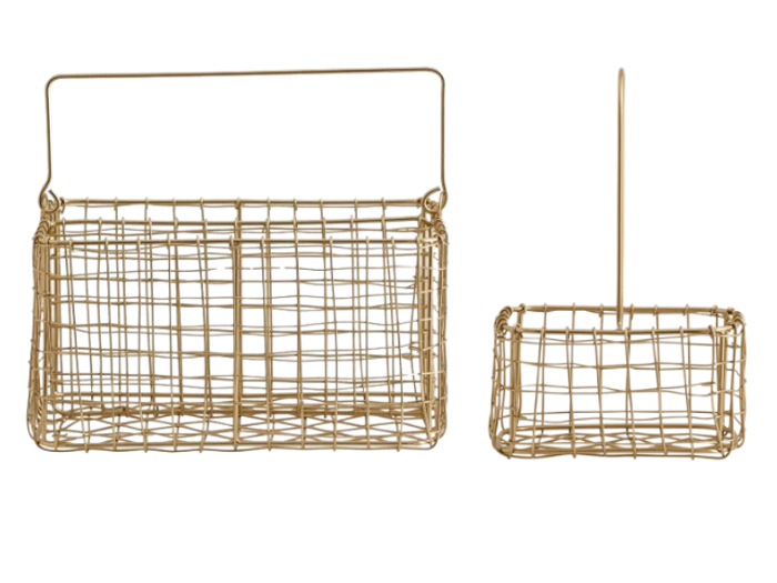 To guldtrådskurve med håndtag; den ene er større og rektangulær, den anden er mindre og firkantet, begge på hvid baggrund.
