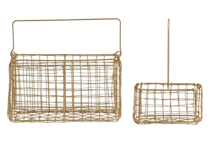 To guldtrådskurve med håndtag; den ene er større og rektangulær, den anden er mindre og firkantet, begge på hvid baggrund.