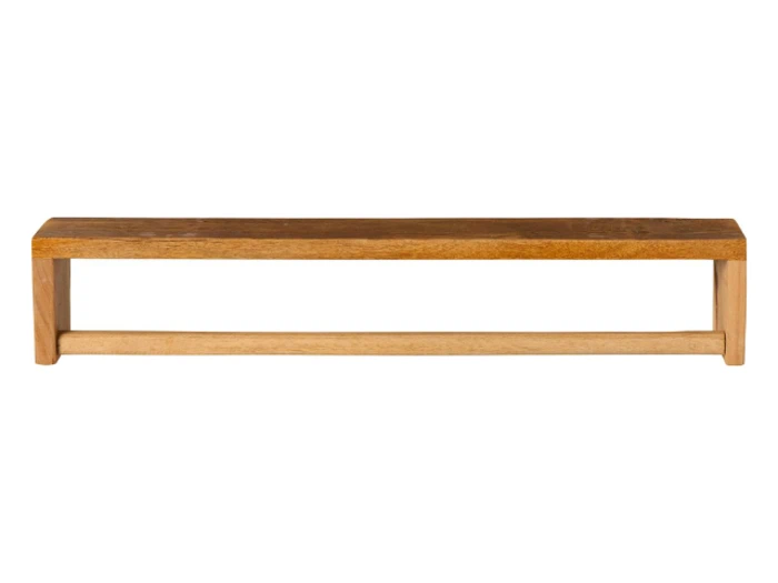 En enkel træbænk med en rektangulær top og et åbent rum nedenunder, støttet af fire ben.