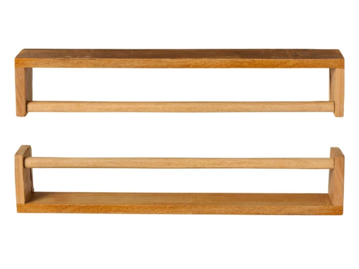 To rektangulære væghylder i træ med et minimalistisk design, hver med en vandret bjælke på tværs af fronten til støtte eller opbevaring af genstande.