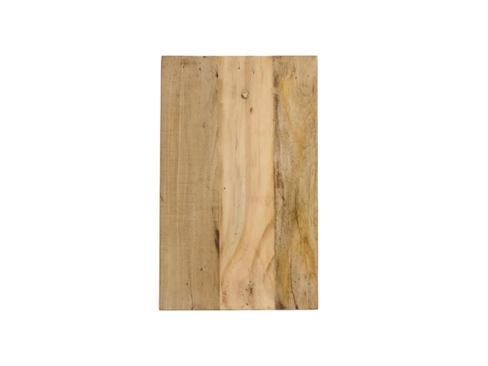 En rektangulær træplade med naturlige kornmønstre og forskellige nuancer af lysebrunt på en hvid baggrund.