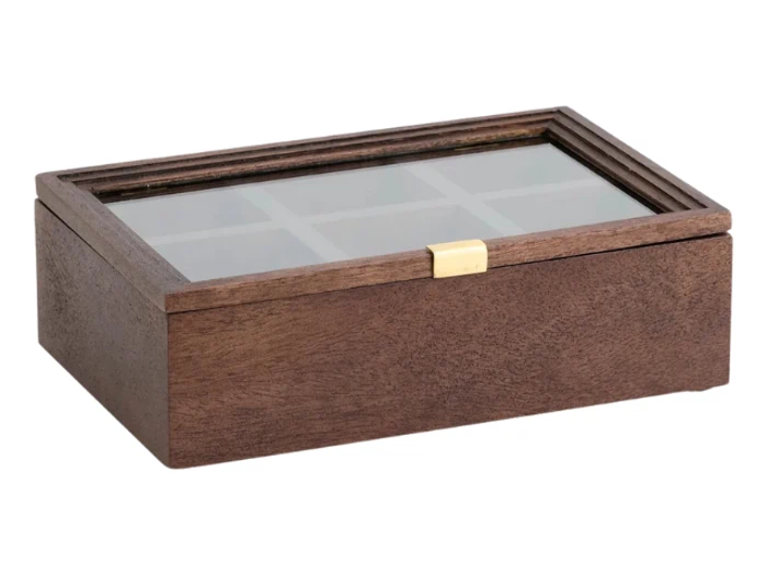 En rektangulær trææske med glaslåg og en lille guldlås, der viser rum indeni.