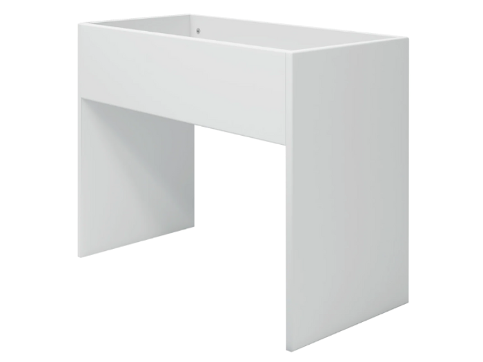 Rektangulært hvidt badeværelsesunderstel i minimalistisk design, åbent på forsiden og siderne, designet til at bære en vask.