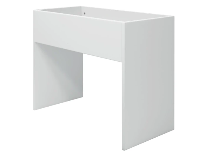 Rektangulært hvidt badeværelsesunderstel i minimalistisk design, åbent på forsiden og siderne, designet til at bære en vask.