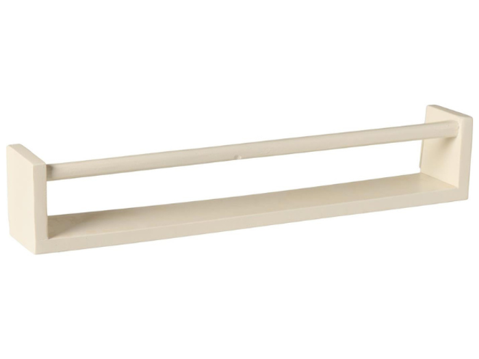 En beige væghængt hylde med en frontstang, der er designet til at holde ting sikkert, muligvis til brug som krydderihylde eller håndklædeholder.