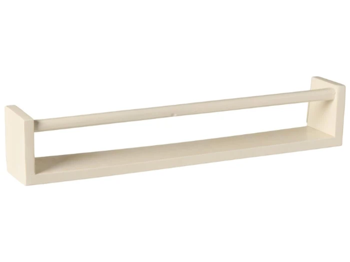 En beige væghængt hylde med en frontstang, der er designet til at holde ting sikkert, muligvis til brug som krydderihylde eller håndklædeholder.