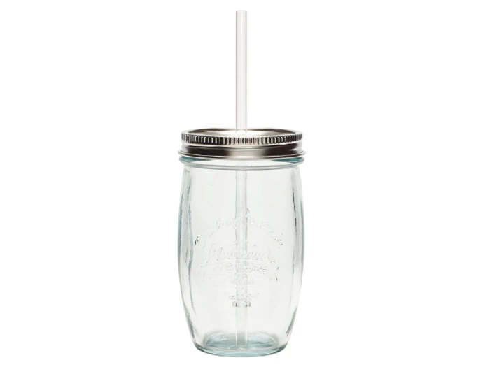 En murerbalje af klart glas med skruelåg af metal og et lige sugerør af plast i midten.