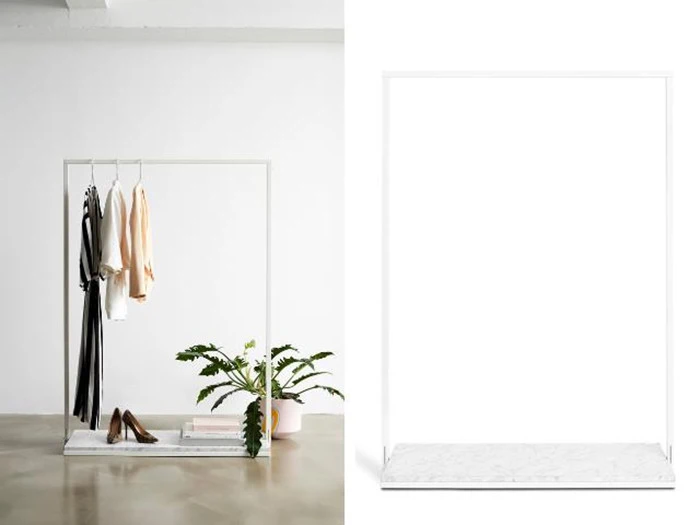 RackBuddy Mary - elegant hvidt tøjstativ med hylde i marmor-look
