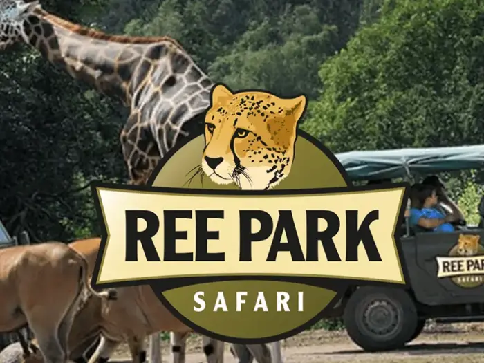 Logo for Ree Park Safari med et gepardhoved, en giraf, antiloper og et safarikøretøj med mennesker i baggrunden.