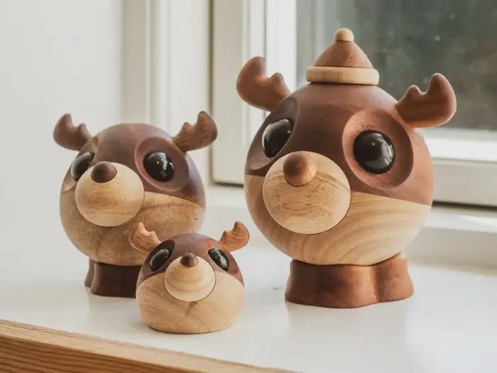 I vindueskarmen står tre træfigurer, der ligner rensdyr med mørke øjne og runde næser, og som varierer i størrelse fra små til store.