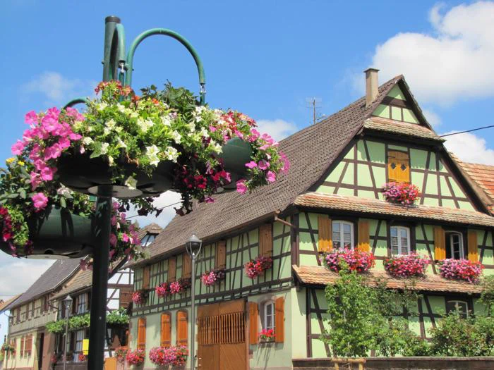 Bindingsværkshus med gule skodder og farverige blomsterkasser under en blå himmel med hængende blomsterkurve i forgrunden.