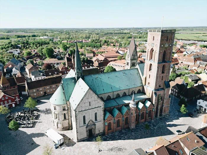 Luftfoto af Ribe Domkirke med det karakteristiske grønne tag og det høje murstensårn, omgivet af byens historiske bygninger.