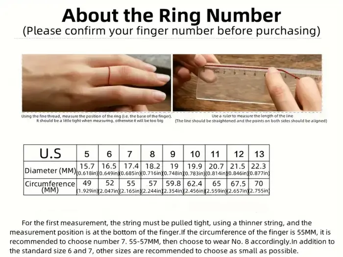 Et ringstørrelsesskema med amerikanske størrelser, diametre og omkreds samt instruktioner og billeder, der viser, hvordan man måler sin finger ved hjælp af snor og lineal.