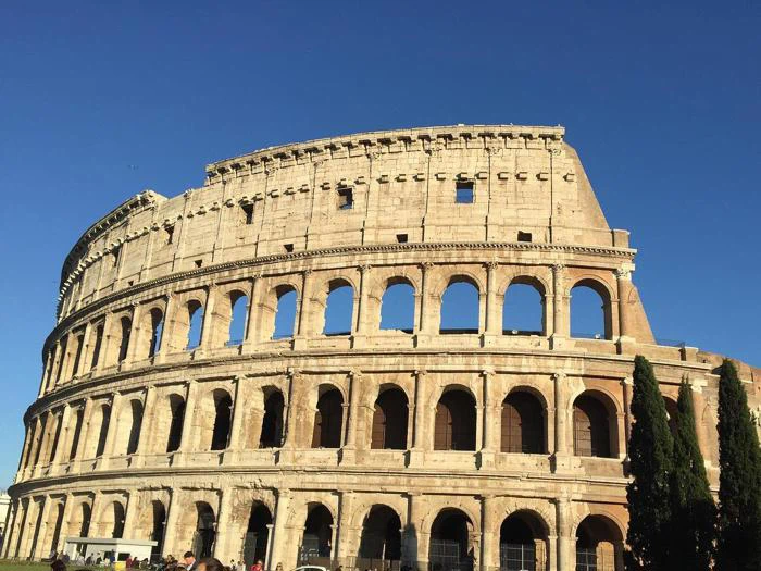 Colosseum i Rom, Italien, under en klar blå himmel, hvor sollyset oplyser de gamle stenbuer og et par høje træer i forgrunden.