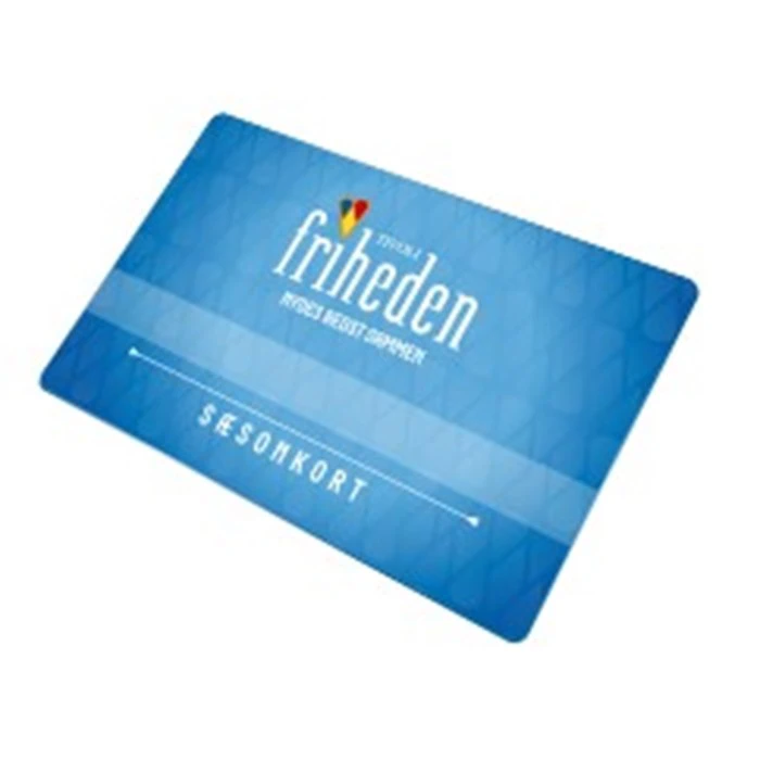 Et blåt sæsonkort til Tivoli Friheden med parkens logo og ordet SESONKORT i bunden.