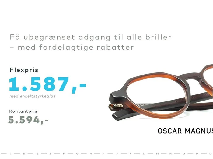 Et par brune briller med tekst på dansk om priser og ubegrænset adgang; Flexpris: 1.587,- og kontantpris: 5.594,-.